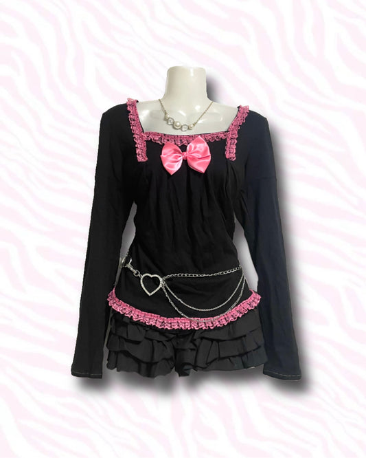 【REMAKE】Pink Bow Frill Top